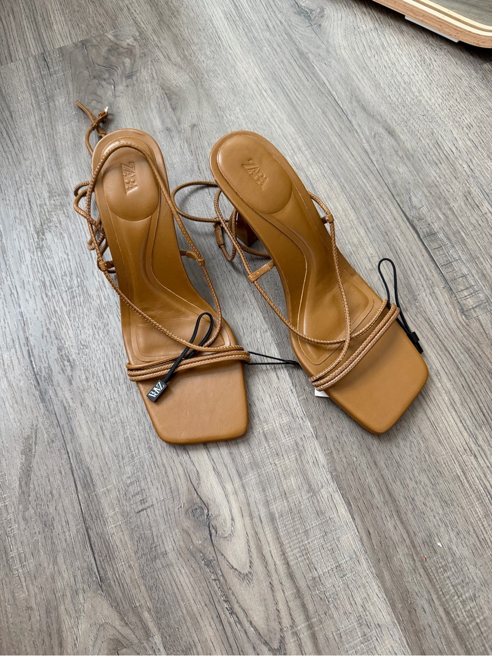 ZARA Cognac Strappy Square-Toe Heeled Sandals